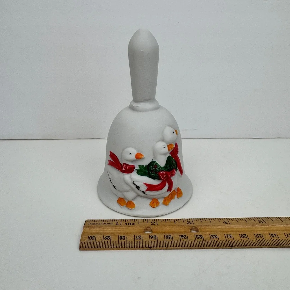 Vtg White Ceramic Unglazed Christmas Holiday Goose Hand Bell 3D Red Green READ